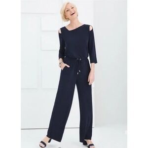 Chicos Travelers Womens Wide Leg Jumpsuit Size 12/14 Navy Blue Cutout Shoulder